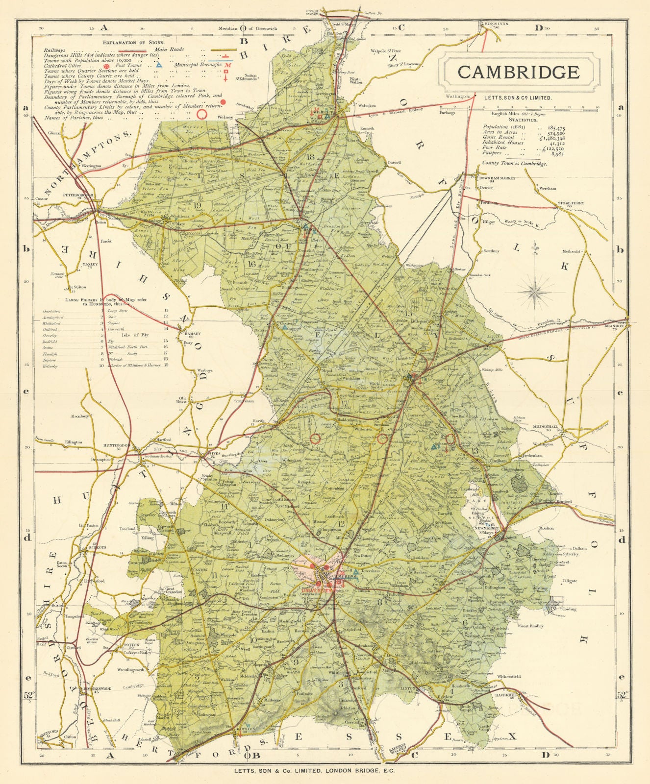 Cambridgeshire county map showing Post Towns & Market Days. LETTS 1884 old